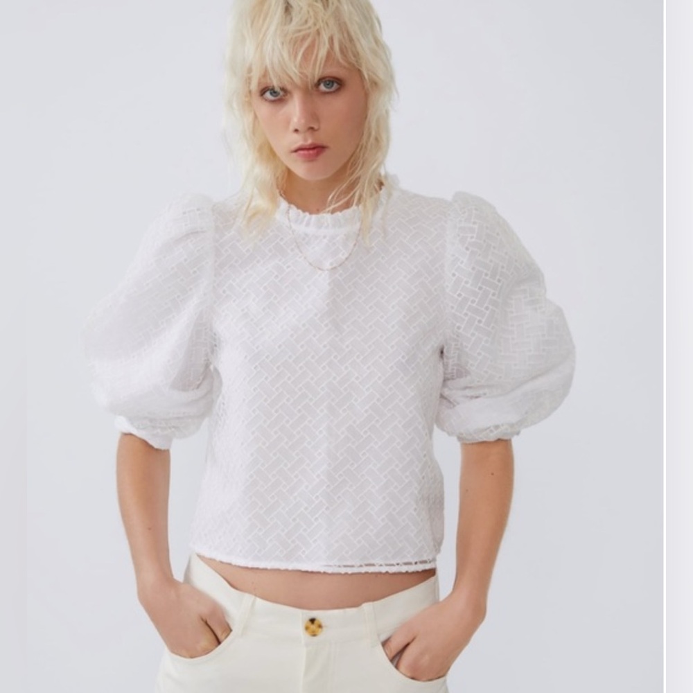 ZARA Puff Sleeve Mesh Eyelet Top - XS